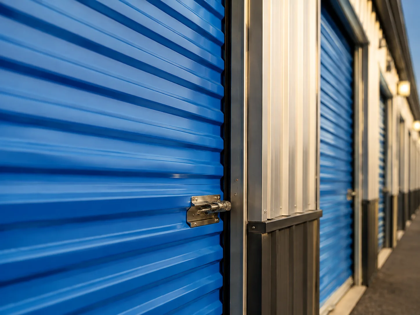 Détail d'une porte bleue et de son loquet à Espace+